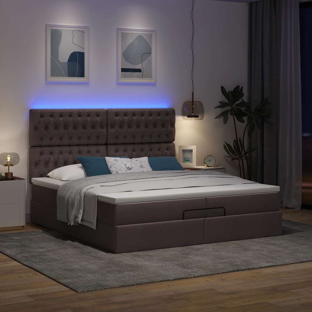 Οθωμανικό κρεβάτι με στρώματα&LEDs Σκούρο καφέ 200x200cm ύφασμα - Pakobazaar