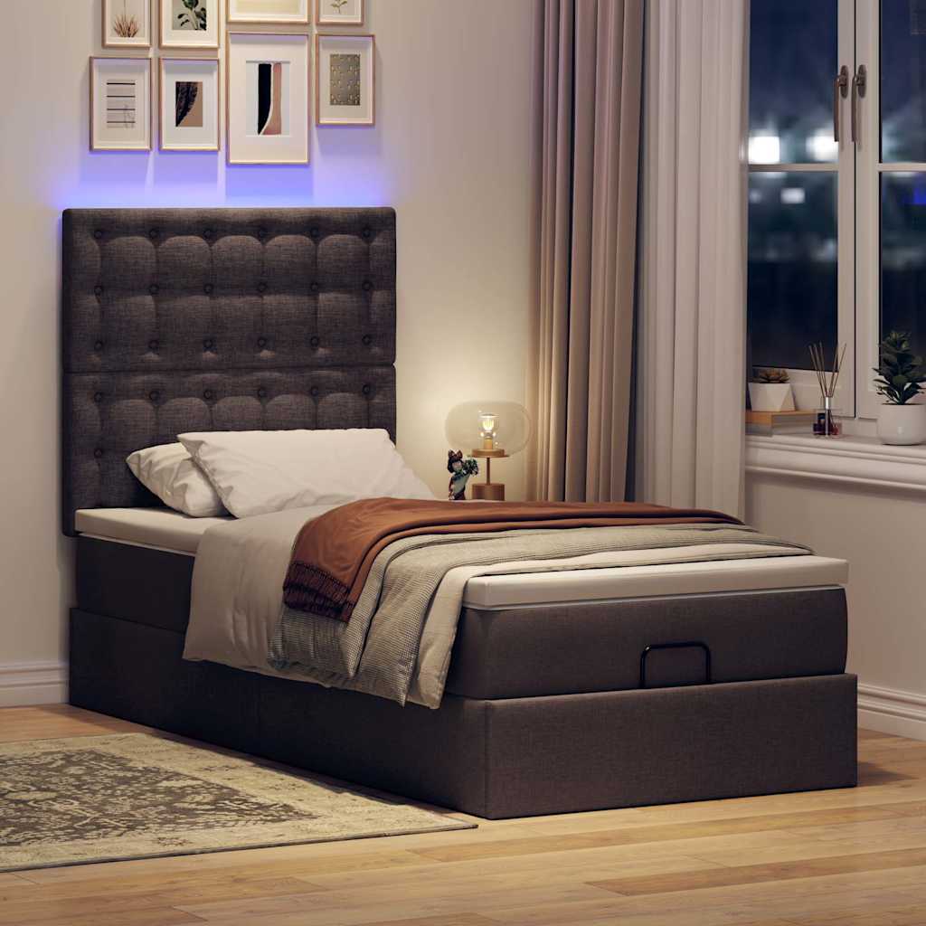 Οθωμανικό κρεβάτι με στρώμα & LEDs Σκούρο καφέ 90x190cm ύφασμα