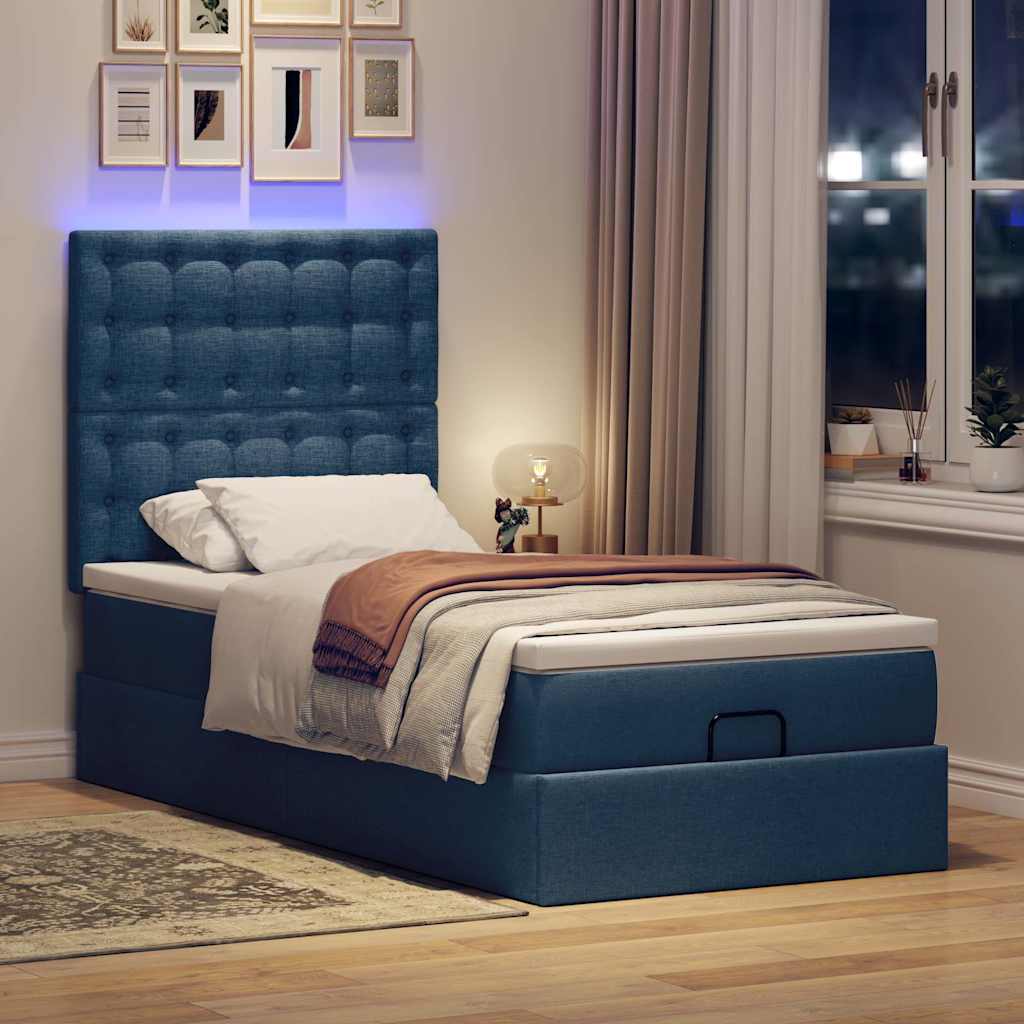 Οθωμανικό κρεβάτι με στρώμα & LEDs Μπλε 90x190cm ύφασμα