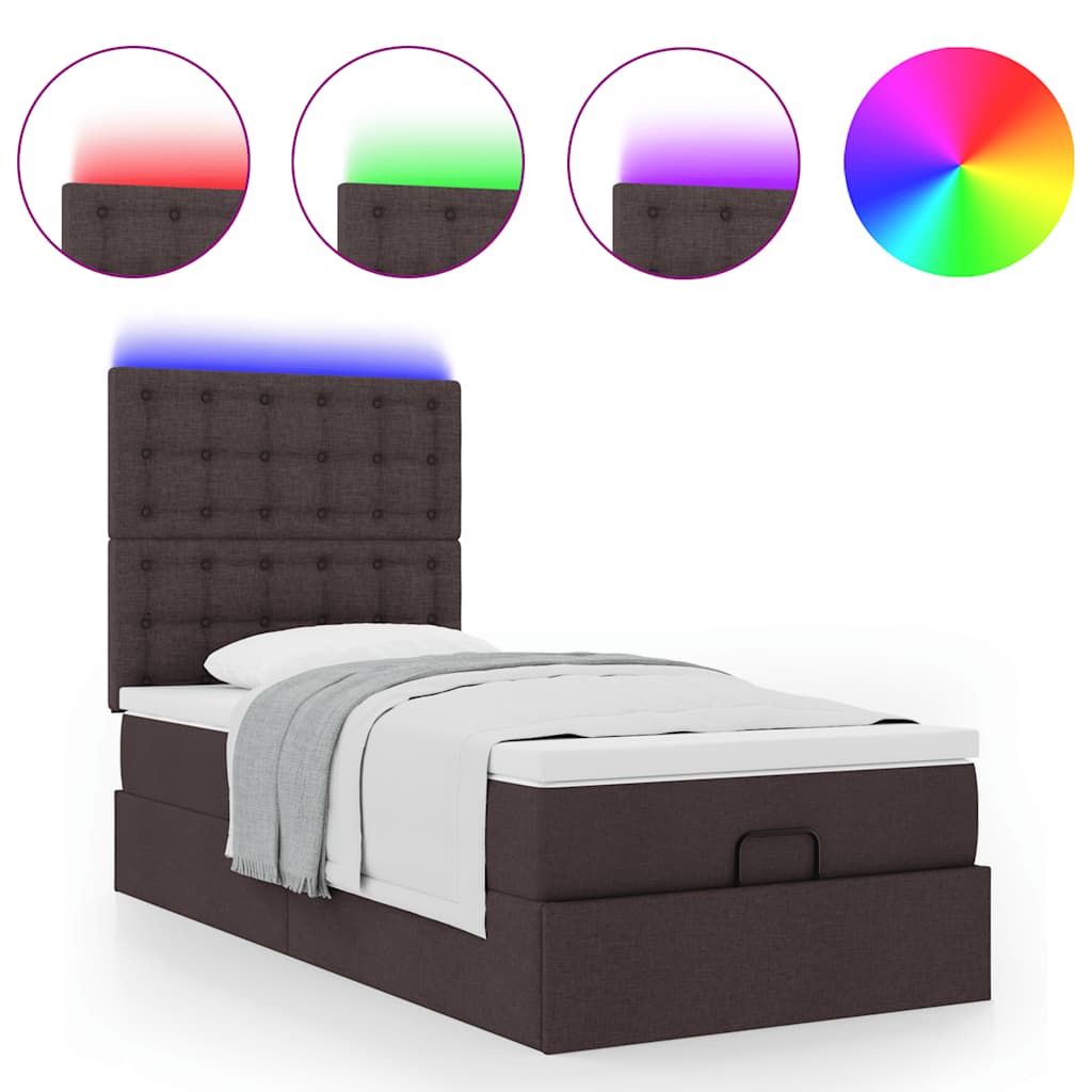 Οθωμανικό κρεβάτι με στρώμα & LEDs Σκούρο καφέ 90x200 cm Ύφασμα