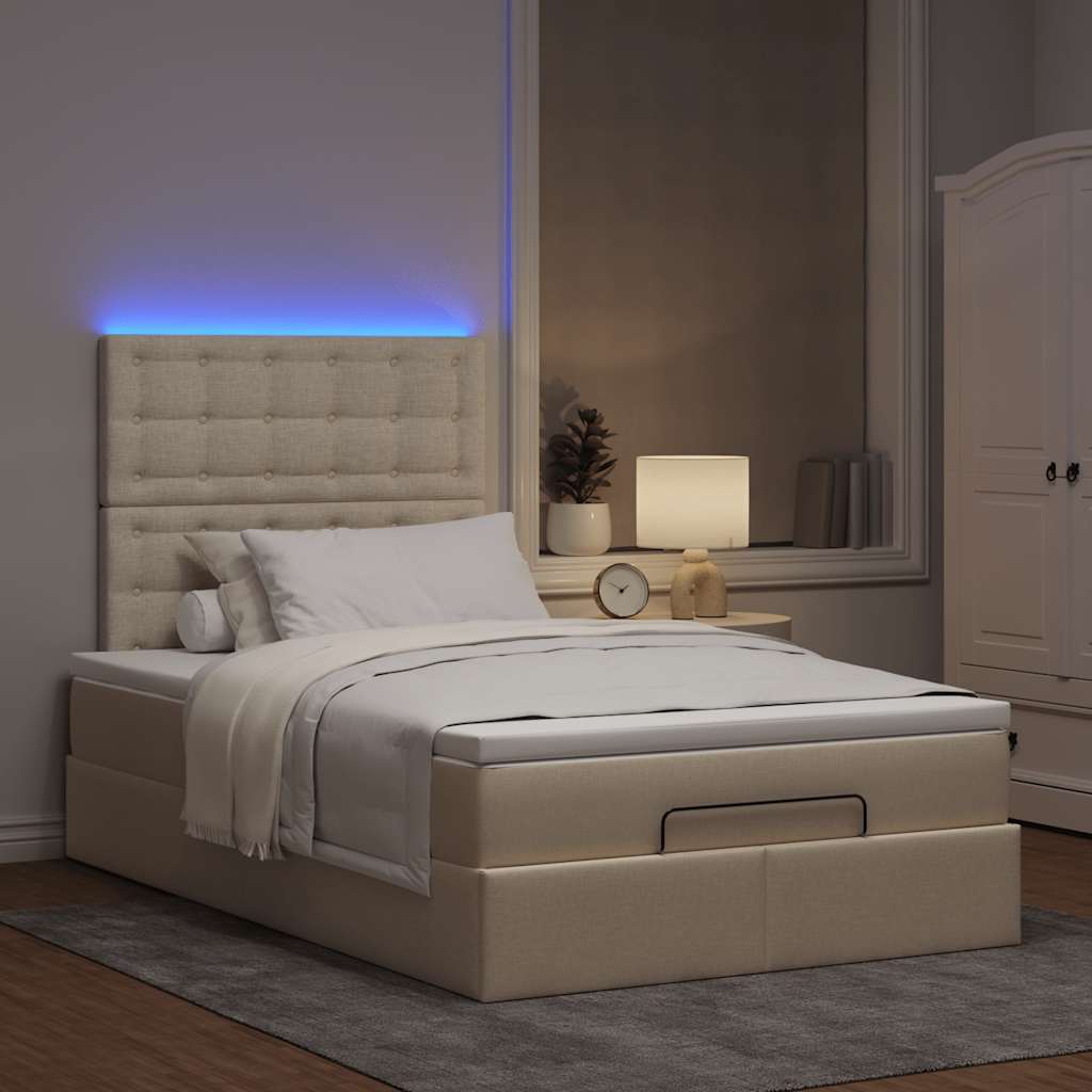 Οθωμανικό κρεβάτι με στρώμα & LEDs Cream 120x200cm ύφασμα - Pakobazaar