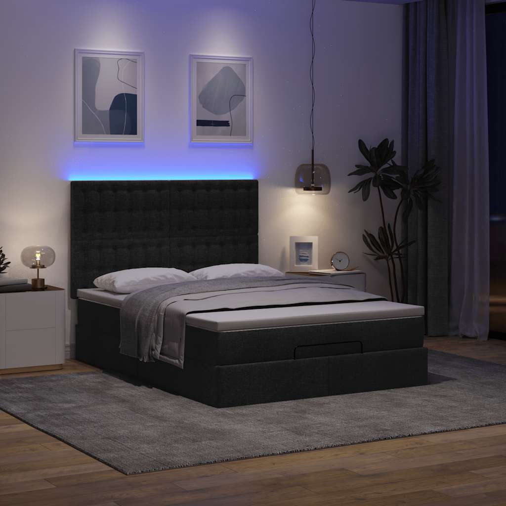 Οθωμανικό κρεβάτι με στρώμα & LEDs Μαύρο 140x190 cm Ύφασμα - Pakobazaar