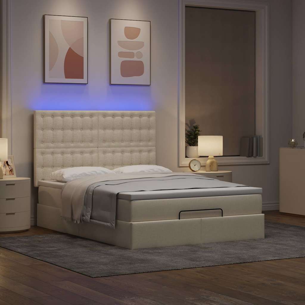 Οθωμανικό κρεβάτι με στρώμα & LEDs Cream 140x200 cm Ύφασμα - Pakobazaar