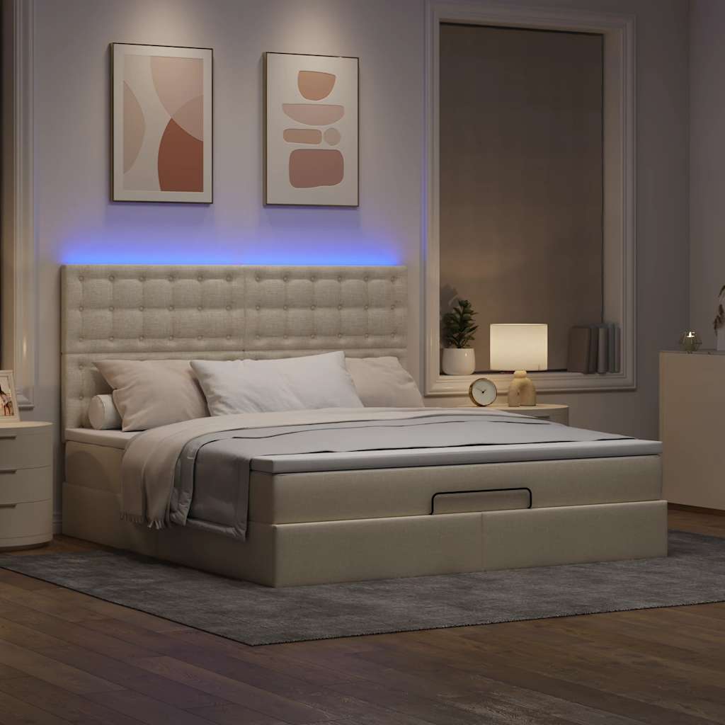 Οθωμανικό κρεβάτι με στρώμα & LEDs Cream 180x200cm ύφασμα - Pakobazaar