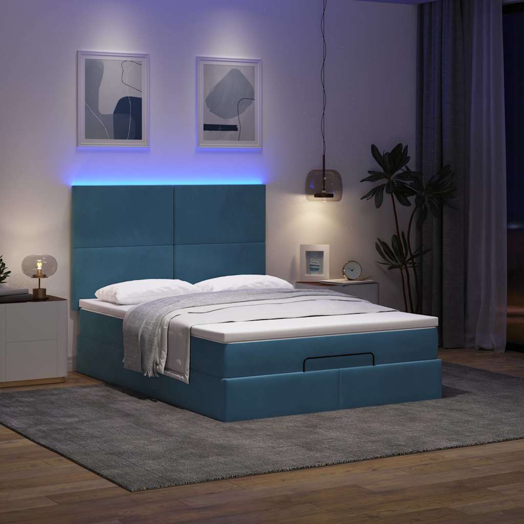 Οθωμανικό κρεβάτι με στρώματα & LEDs Σκούρο μπλε Βελούδο - Pakobazaar