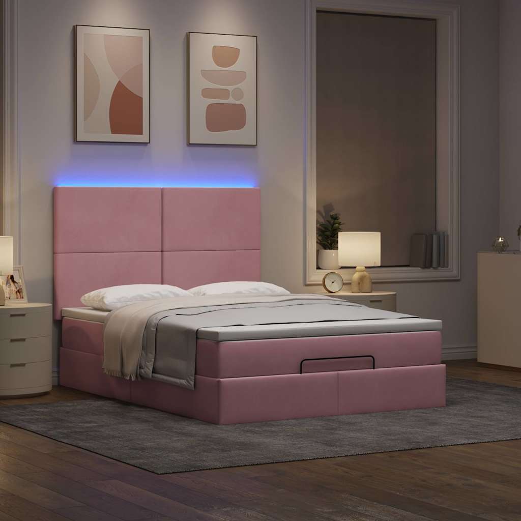 Οθωμανικό κρεβάτι με στρώματα & LEDs Ροζ 140x200cm Βελούδο