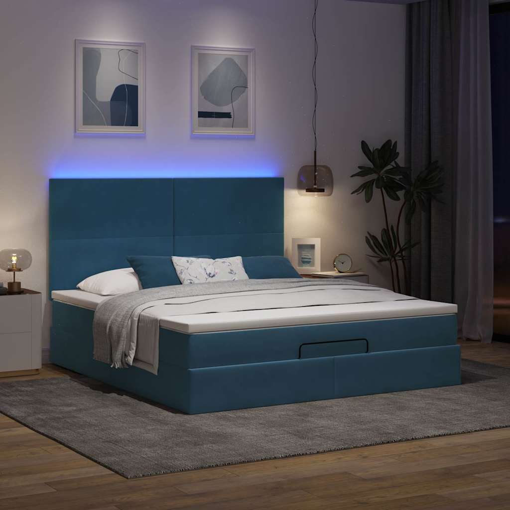 Οθωμανικό κρεβάτι με στρώματα & LEDs Σκούρο μπλε Βελούδο - Pakobazaar
