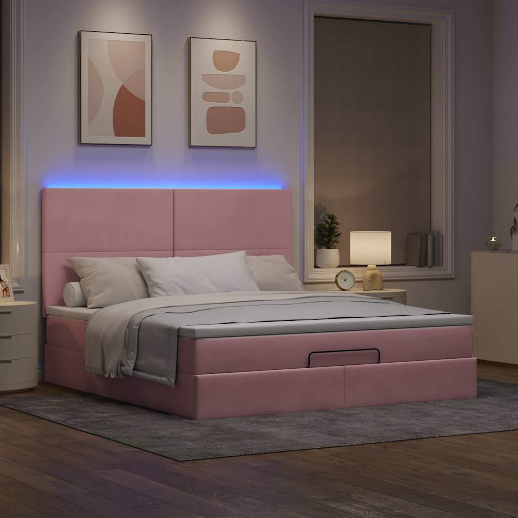 Οθωμανικό κρεβάτι με στρώματα & LEDs Ροζ 160x200cm Velvet - Pakobazaar