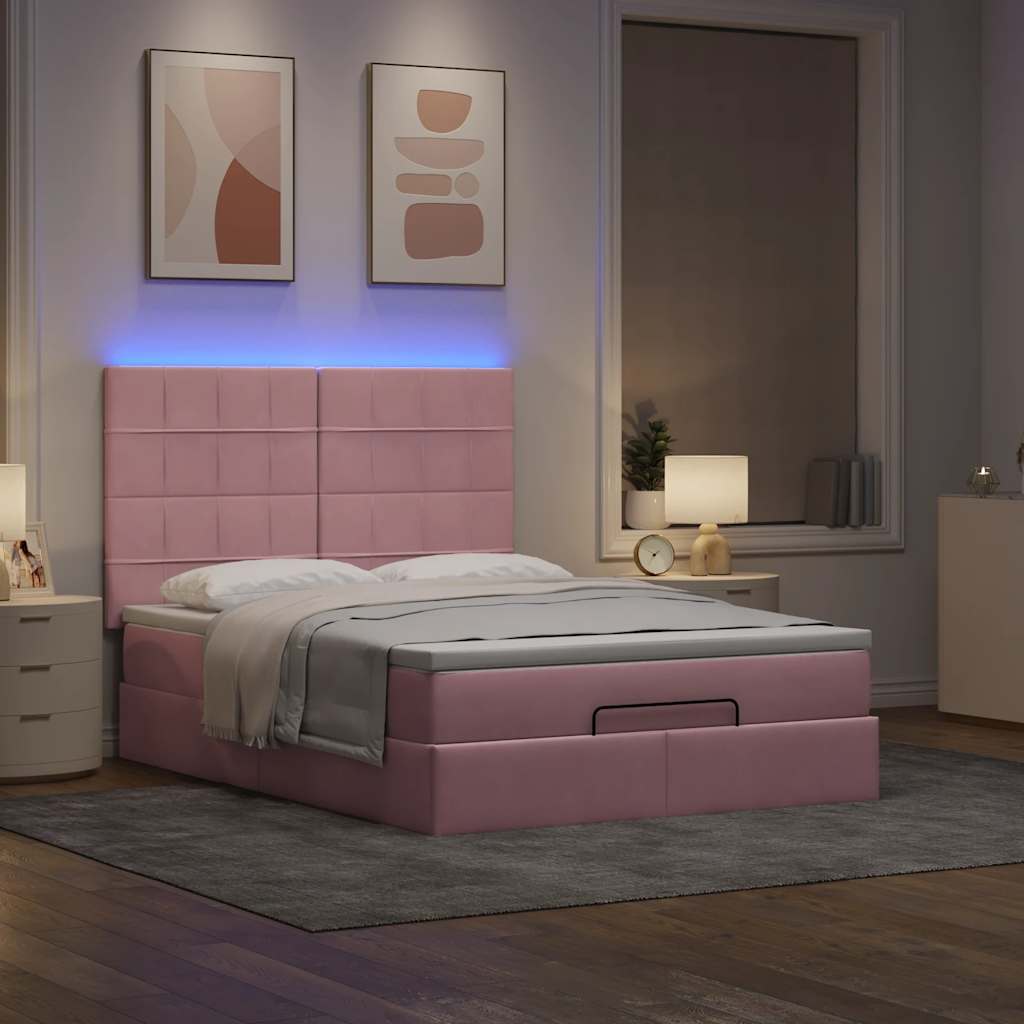 Οθωμανικό κρεβάτι με στρώματα & LEDs Ροζ 140x190cm Βελούδο - Pakobazaar