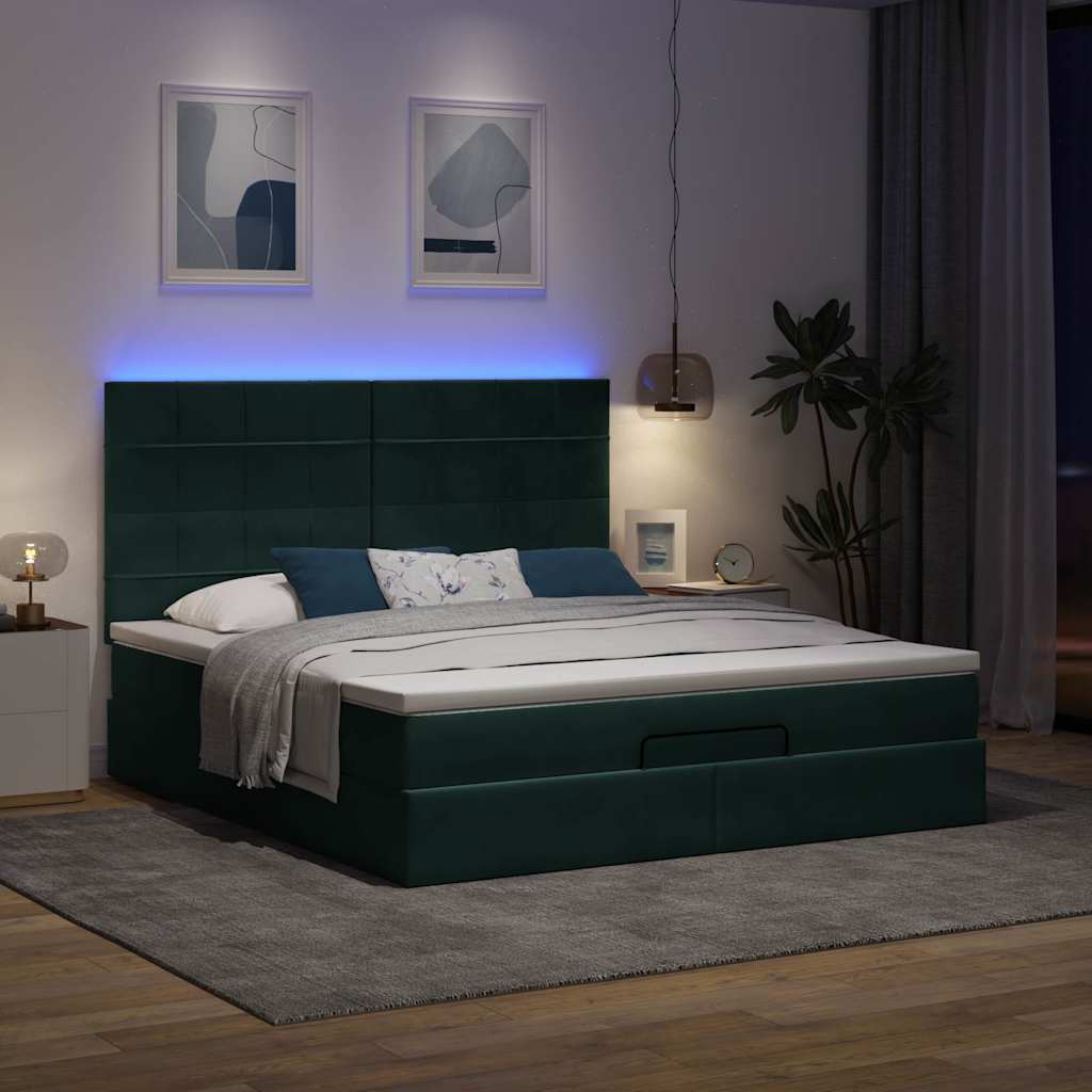 Οθωμανικό κρεβάτι με στρώματα & LEDs Σκούρο πράσινο Βελούδο - Pakobazaar