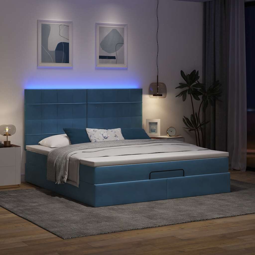 Οθωμανικό κρεβάτι με στρώματα & LEDs Σκούρο μπλε Βελούδο - Pakobazaar