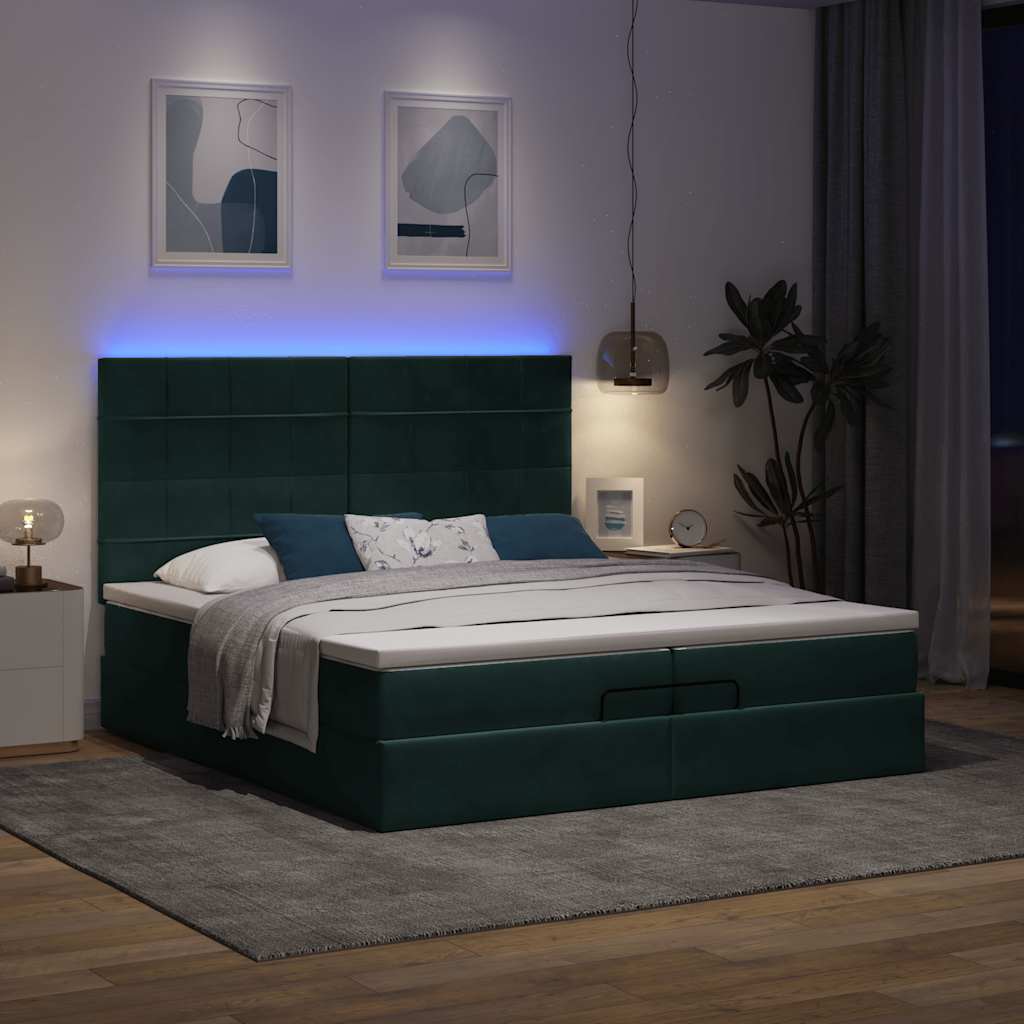 Οθωμανικό κρεβάτι με στρώματα & LEDs Σκούρο πράσινο Βελούδο - Pakobazaar
