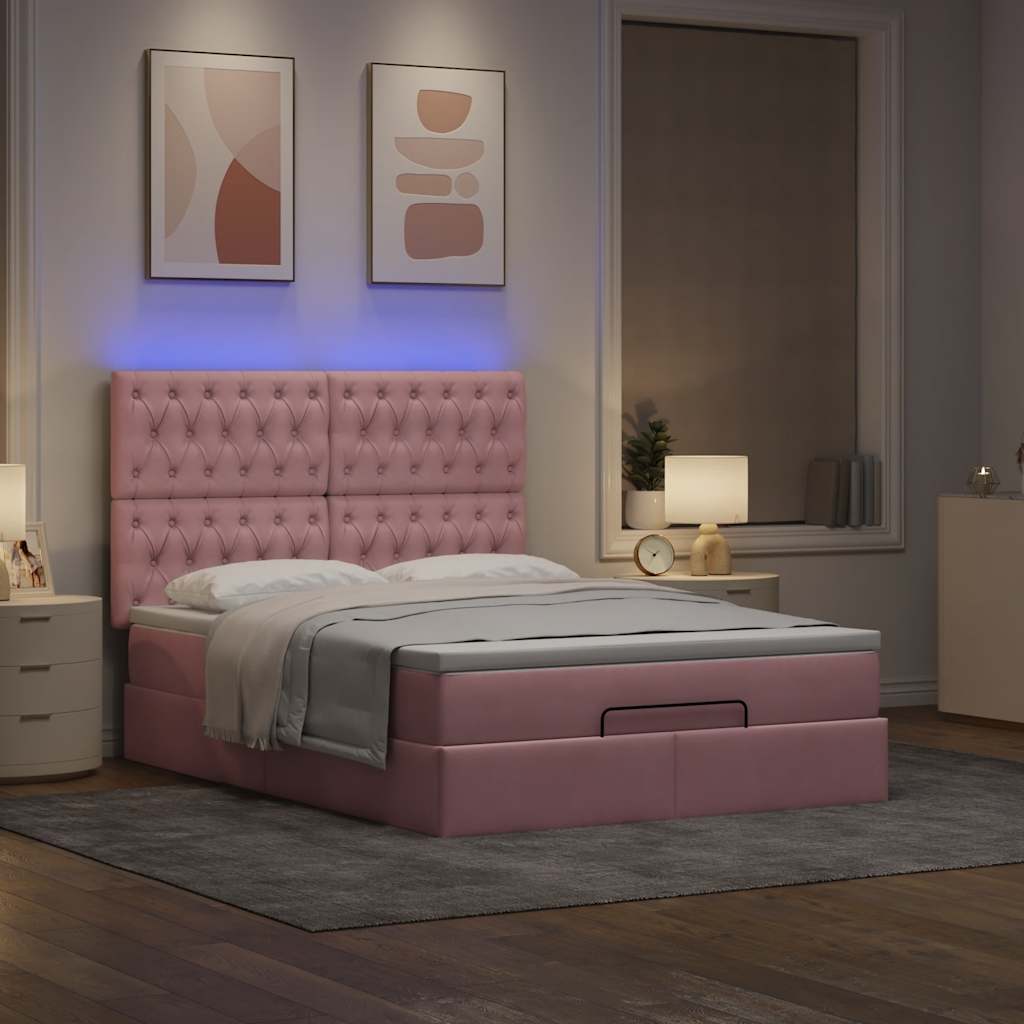 Οθωμανικό κρεβάτι με στρώματα & LEDs Ροζ 140x190cm Βελούδο - Pakobazaar