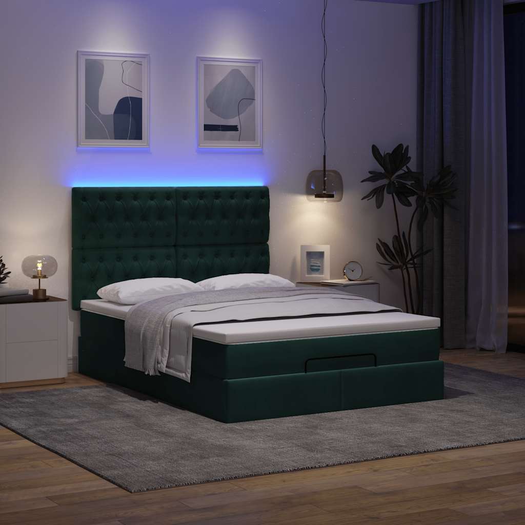 Οθωμανικό κρεβάτι με στρώματα & LEDs Σκούρο πράσινο Βελούδο - Pakobazaar