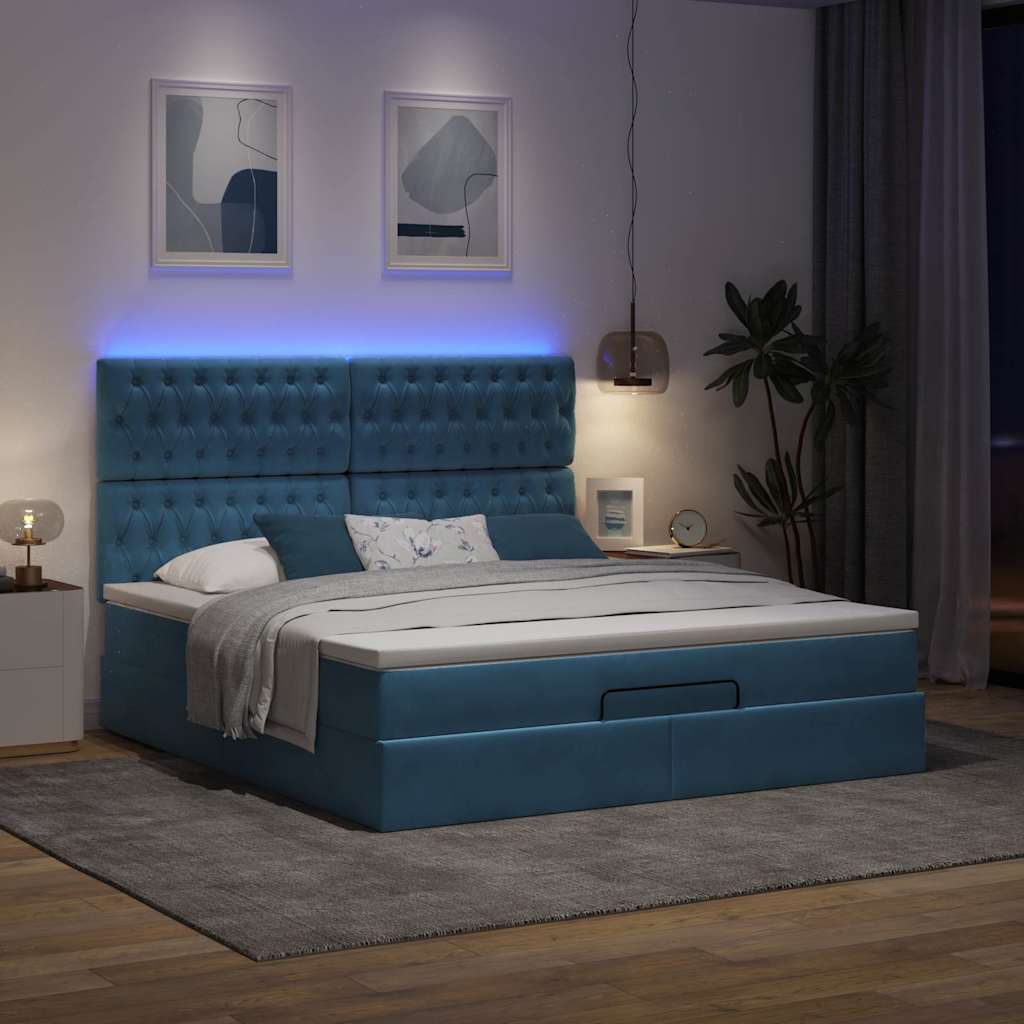 Οθωμανικό κρεβάτι με στρώματα & LEDs Σκούρο μπλε Βελούδο - Pakobazaar