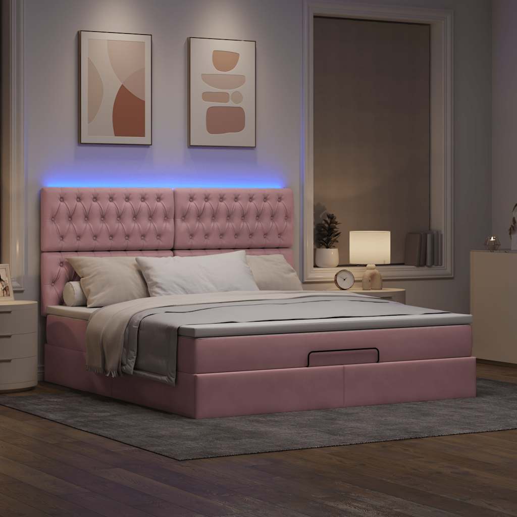 Οθωμανικό κρεβάτι με στρώματα & LEDs Ροζ 160x200cm Velvet - Pakobazaar