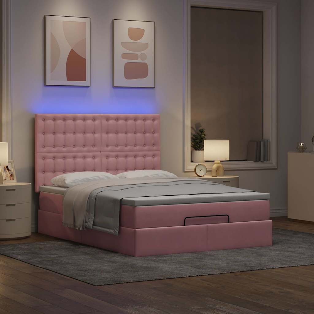 Οθωμανικό κρεβάτι με στρώματα & LEDs Ροζ 140x190cm Βελούδο - Pakobazaar