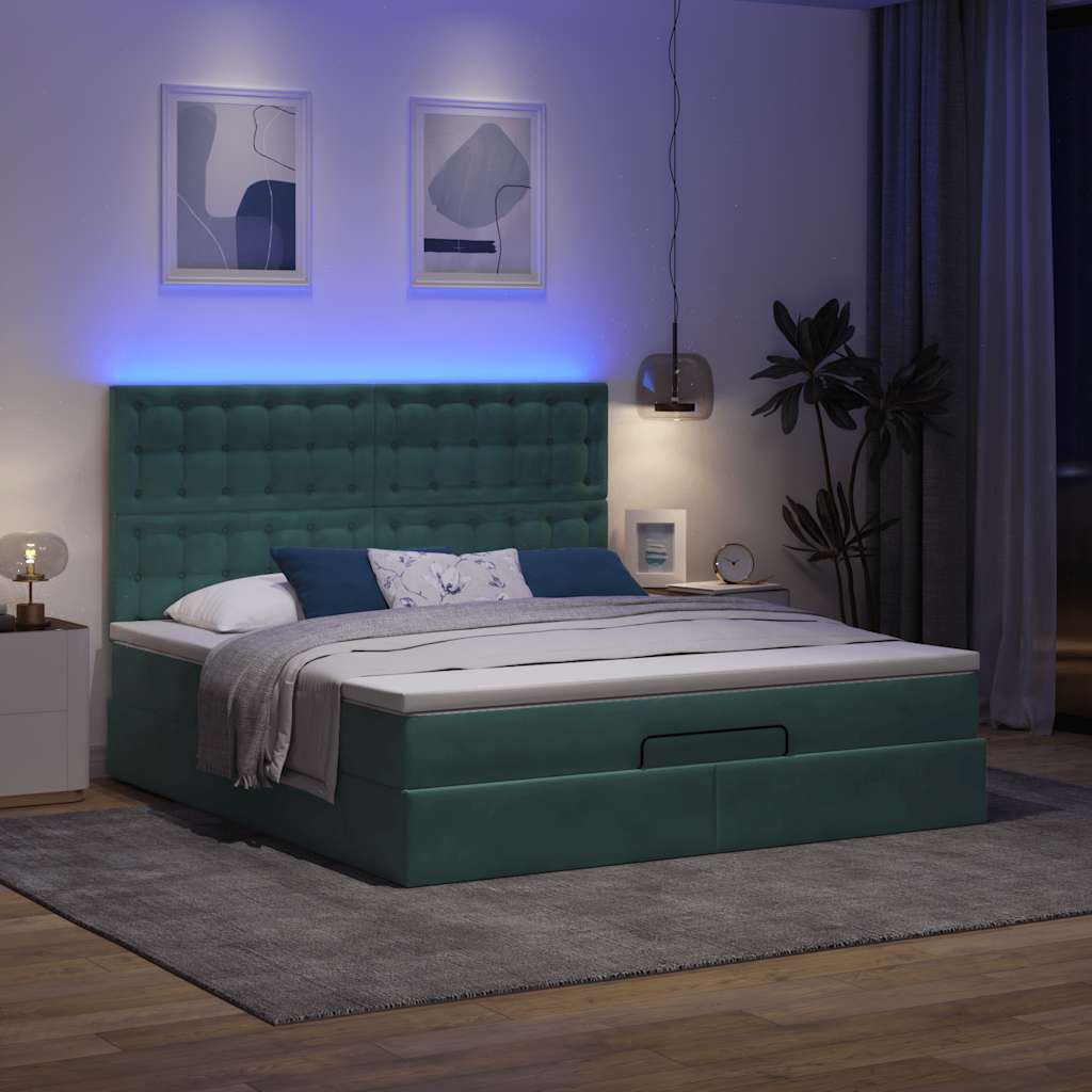 Οθωμανικό κρεβάτι με στρώματα&LEDs Dark Green 180x200cm Velvet