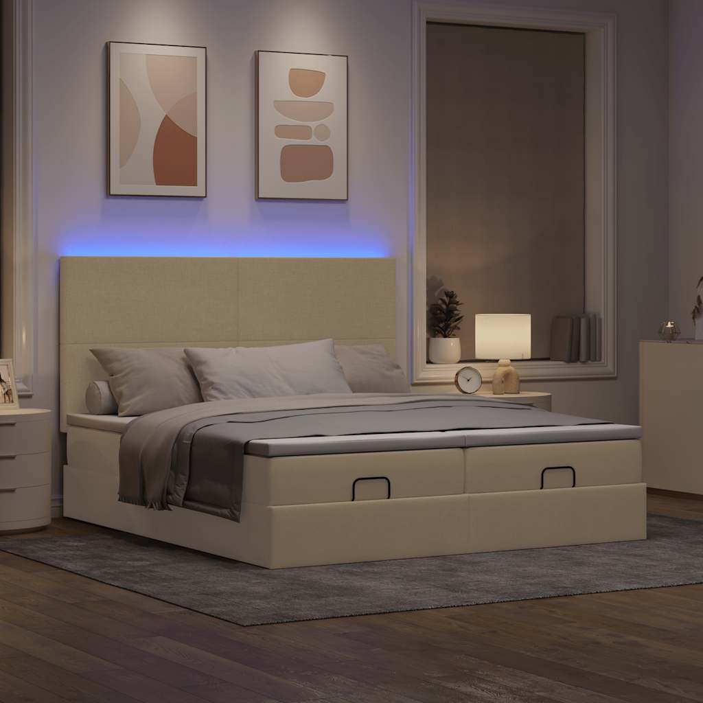 Οθωμανικό κρεβάτι με στρώματα & LEDs Κρέμα 180x200cm ύφασμα