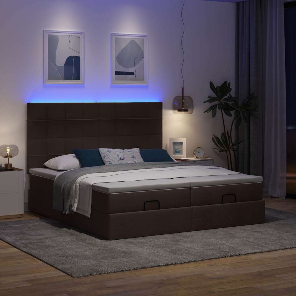 Οθωμανικό κρεβάτι με στρώματα&LEDs Σκούρο καφέ 180x200cm ύφασμα - Pakobazaar