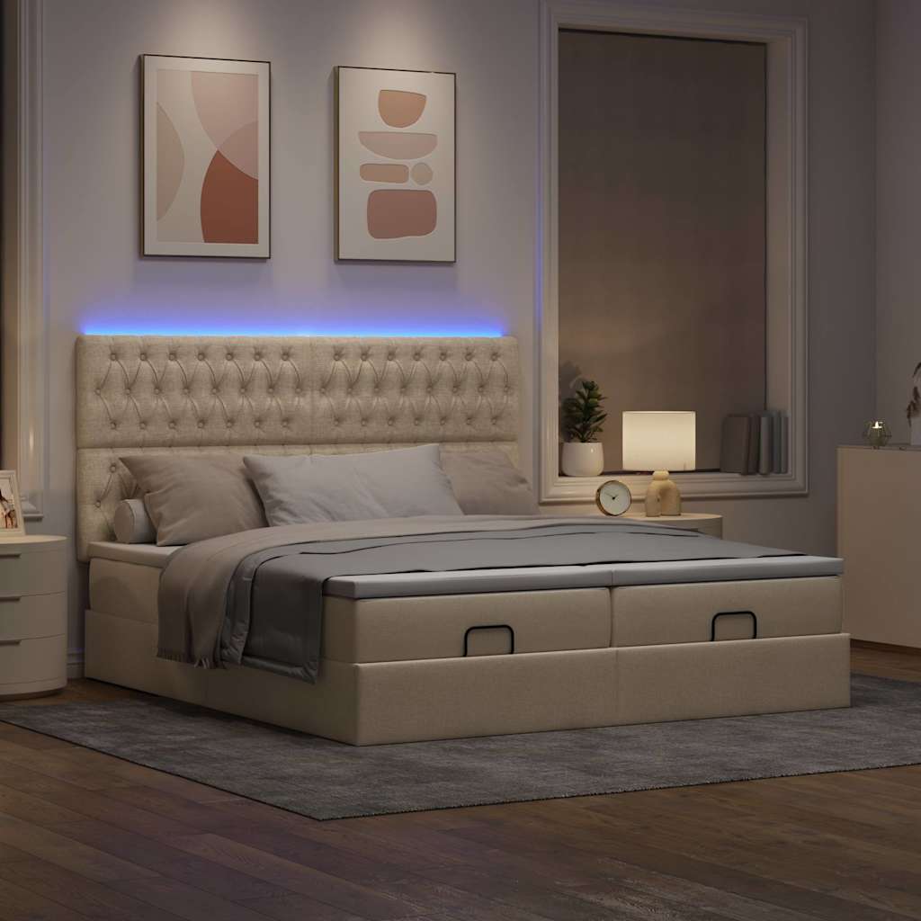 Οθωμανικό κρεβάτι με στρώματα & LEDs Κρέμα 160x200cm ύφασμα