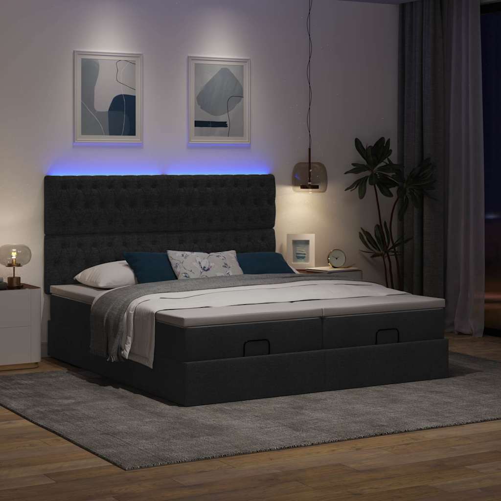 Οθωμανικό κρεβάτι με στρώματα & LEDs Μαύρο ύφασμα 180x200cm