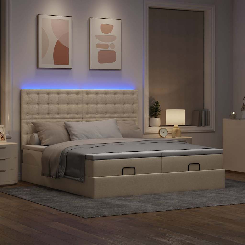 Οθωμανικό κρεβάτι με στρώματα & LEDs Κρέμα 160x200cm ύφασμα