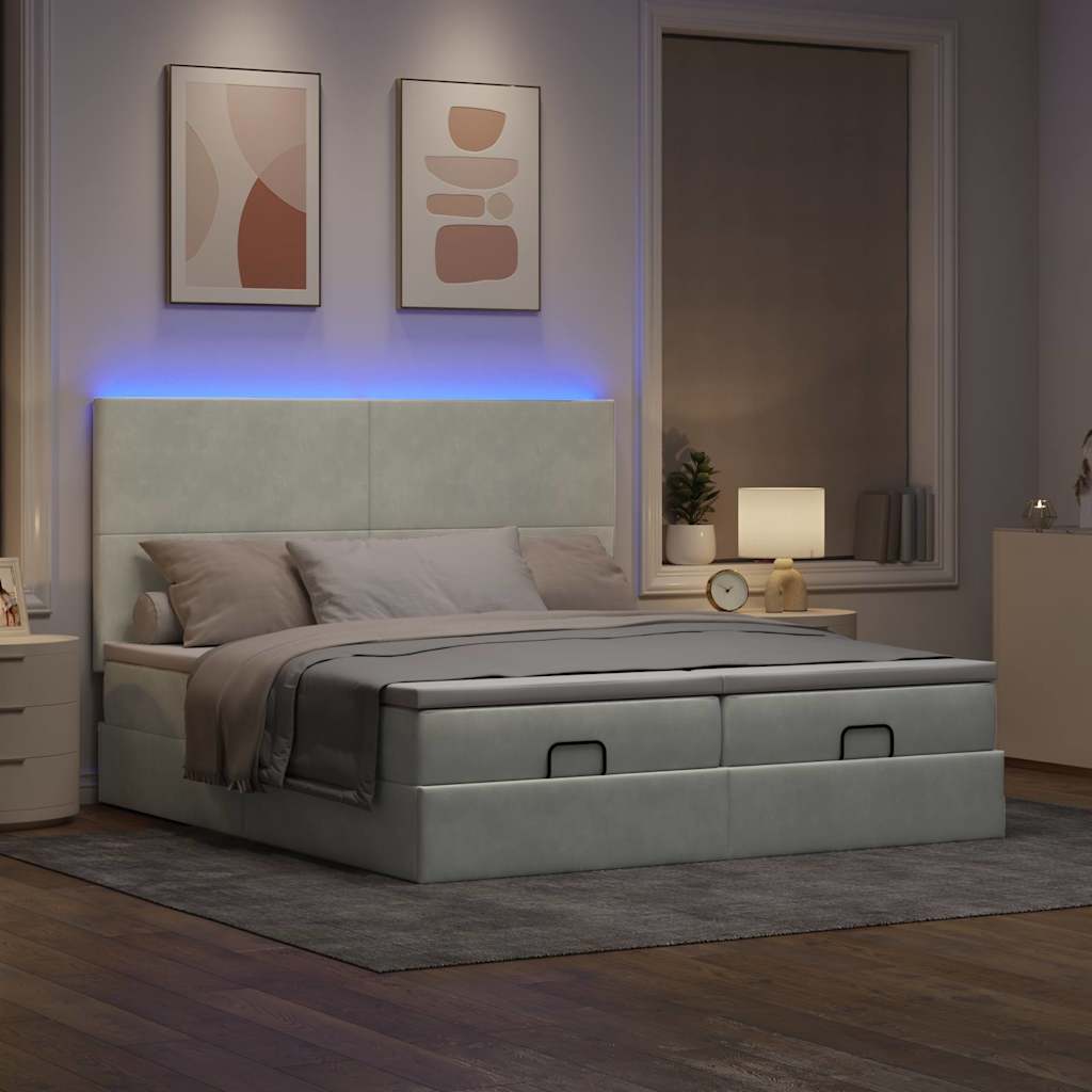 Οθωμανικό κρεβάτι με στρώματα & LEDs Ανοιχτό γκρι Βελούδο - Pakobazaar