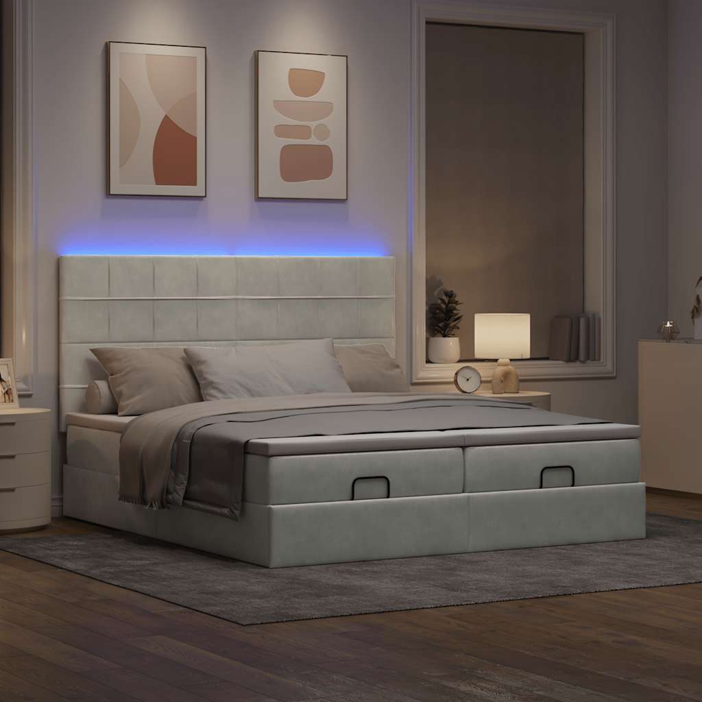 Οθωμανικό κρεβάτι με στρώματα & LEDs Ανοιχτό γκρι Βελούδο - Pakobazaar