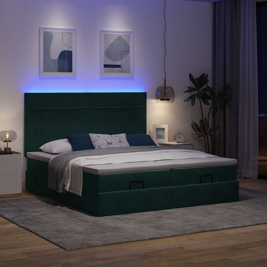 Οθωμανικό κρεβάτι με στρώματα & LEDs Σκούρο πράσινο Βελούδο