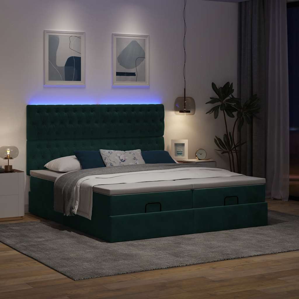 Οθωμανικό κρεβάτι με στρώματα&LEDs Dark Green 180x200cm Velvet - Pakobazaar