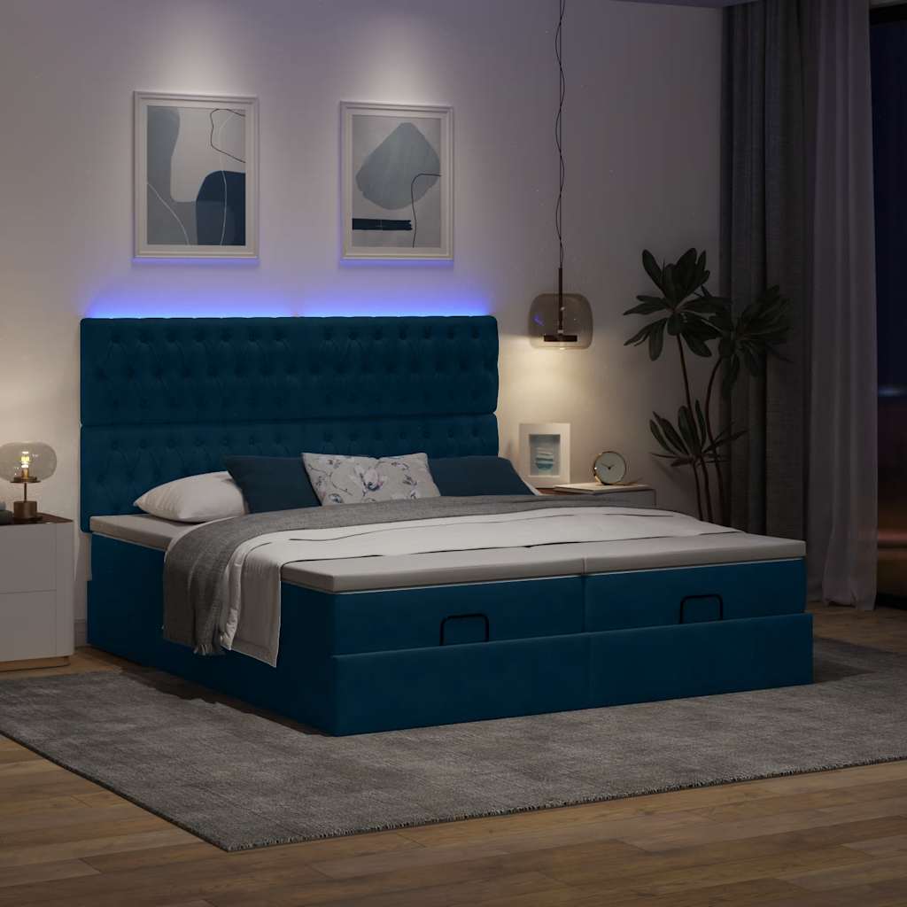 Οθωμανικό κρεβάτι με στρώματα & LEDs Σκούρο μπλε Βελούδο - Pakobazaar