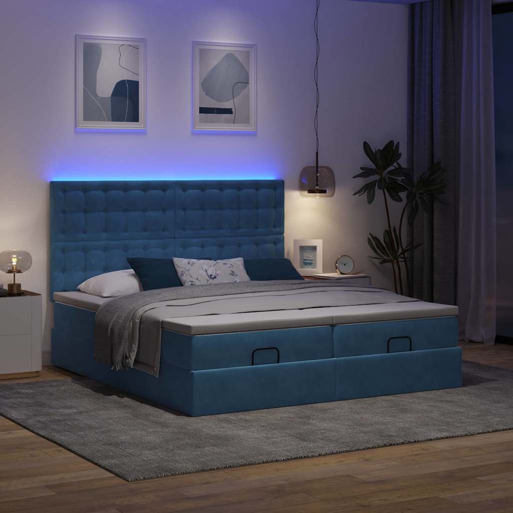 Οθωμανικό κρεβάτι με στρώματα & LEDs Σκούρο μπλε Βελούδο - Pakobazaar