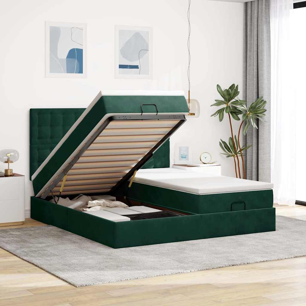 Οθωμανικό κρεβάτι με στρώματα&LEDs Dark Green 180x200cm Velvet - Pakobazaar