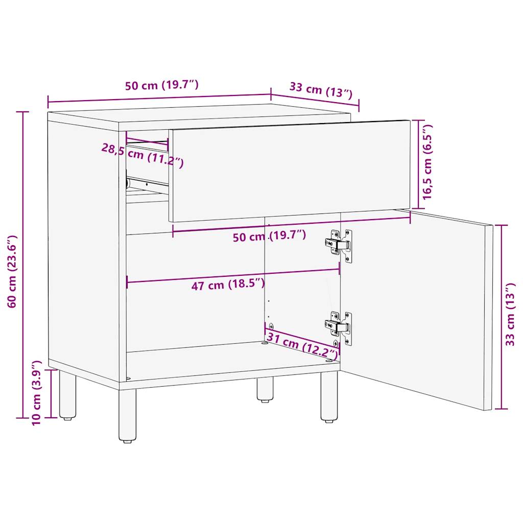 Κρεβατοκάμαρα Μαύρο 50x33x60 cm Στερεό ακατέργαστο ξύλο Mango