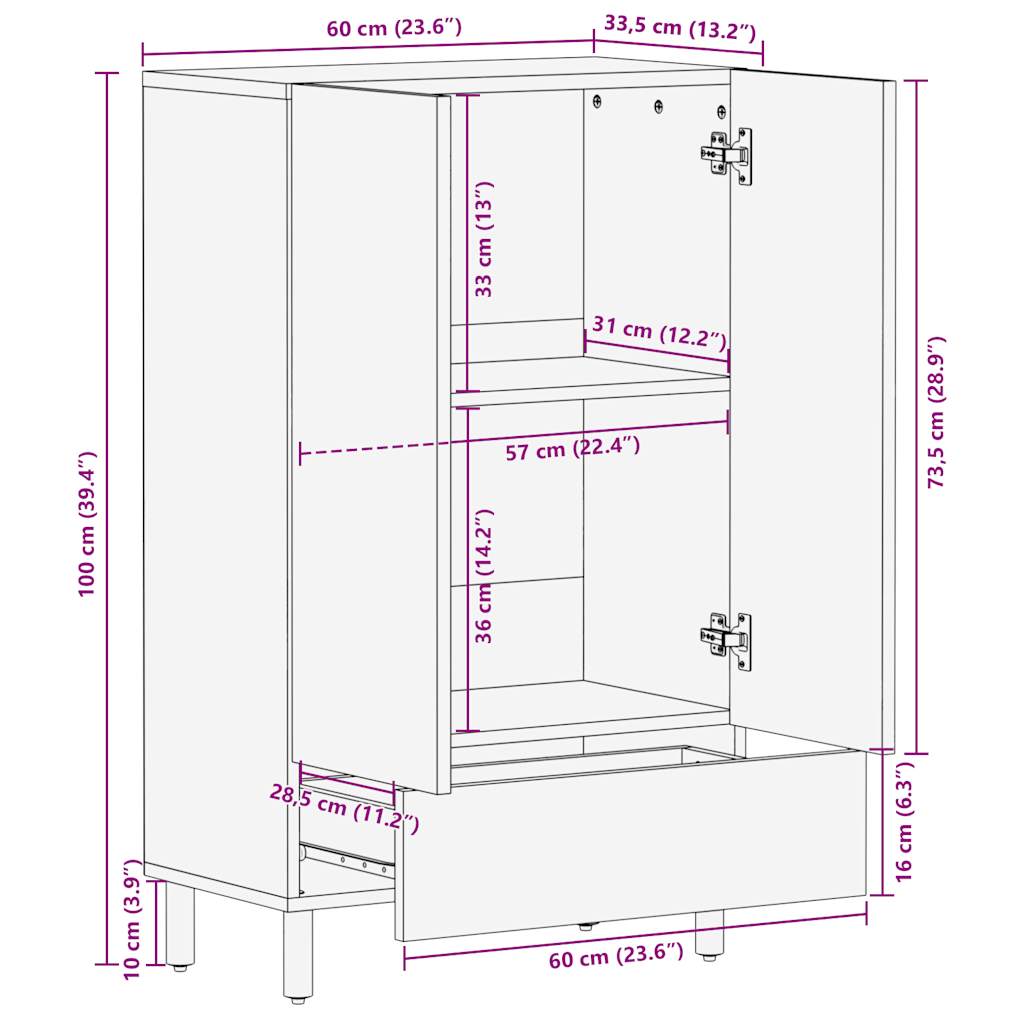 Ψηλός Μπουφές 60x33,5x100 εκ. από Ακατέργαστο Ξύλο Μάνγκο