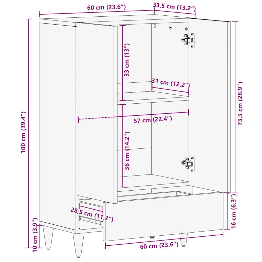 Highboard 60x33,5x100 cm μασίφ ξύλο Mango