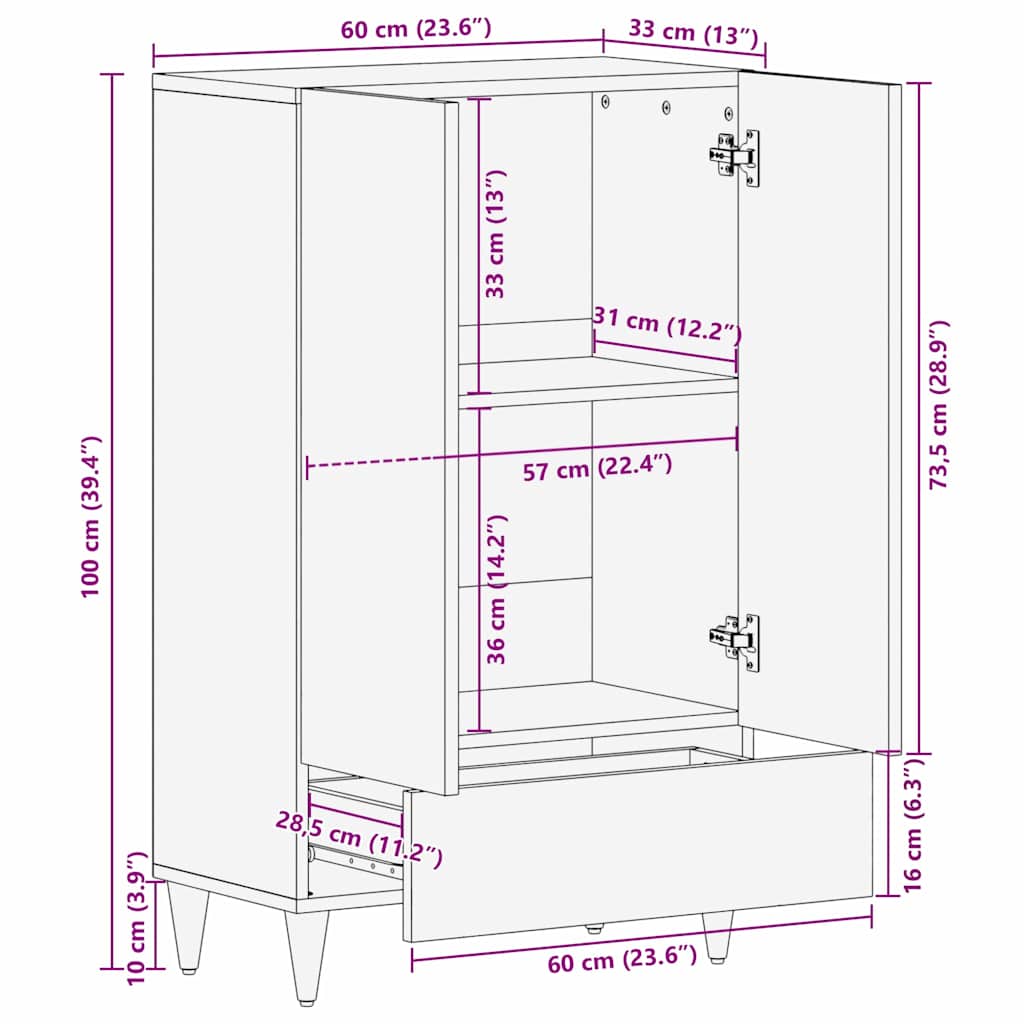 Highboard Μαύρο 60 x 33 x 100 εκ. Στερεό ξύλο μάνγκο