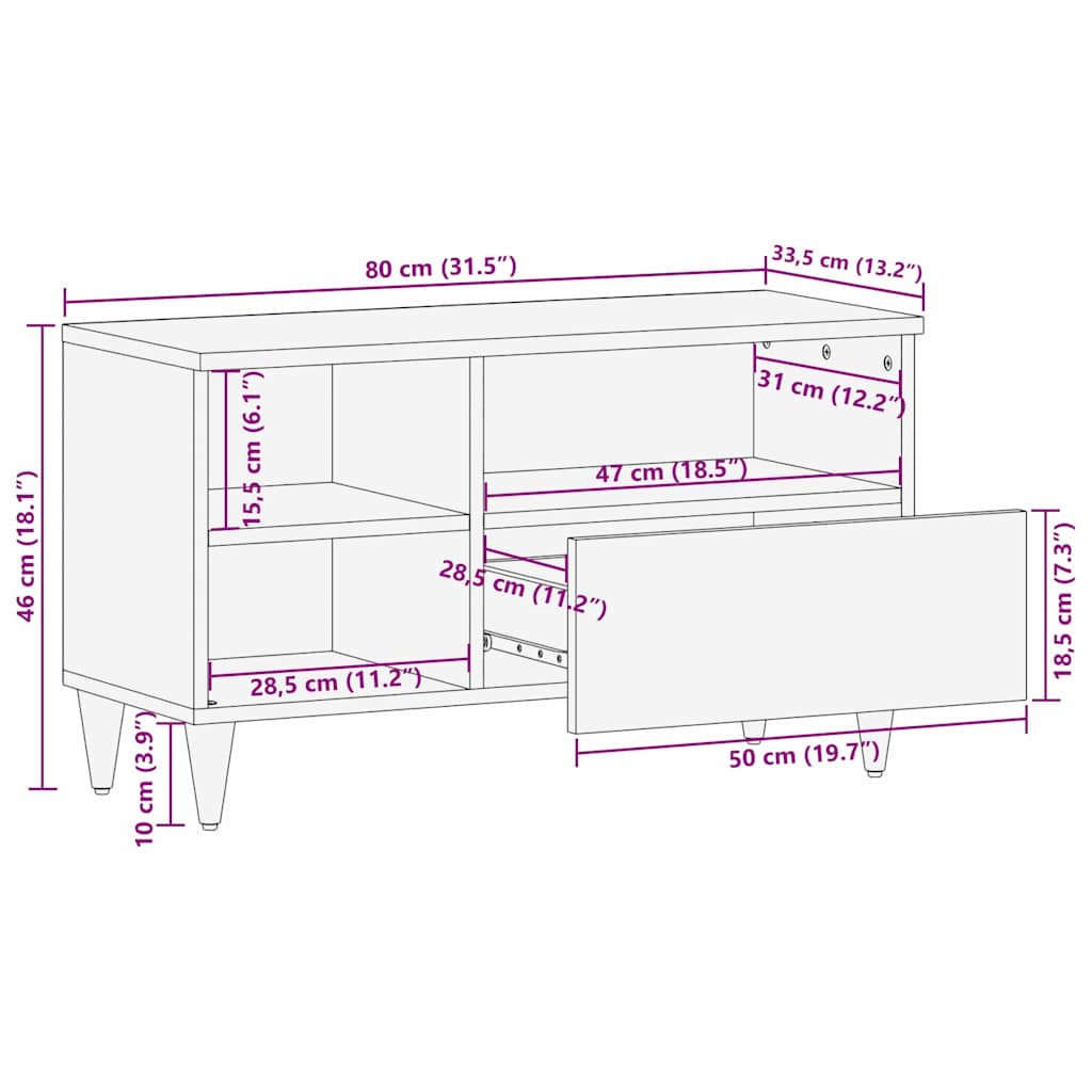 Ντουλάπι TV με ράφι Καφέ 80 x 33,5 x 46 εκ. Στερεό ξύλο μάνγκο