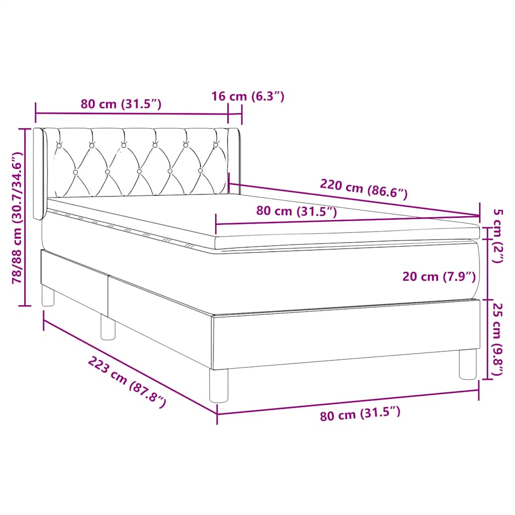 Box Spring Κρεβάτι με στρώμα Μαύρο 80x210 εκ. Βελούδινο