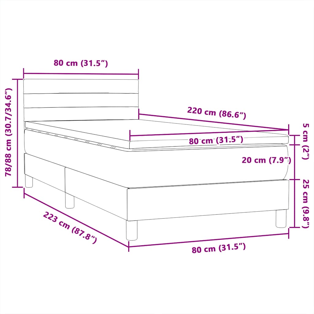 Box Spring κρεβάτι με στρώμα ανοιχτό γκρι 80x220 cm Βελούδινο