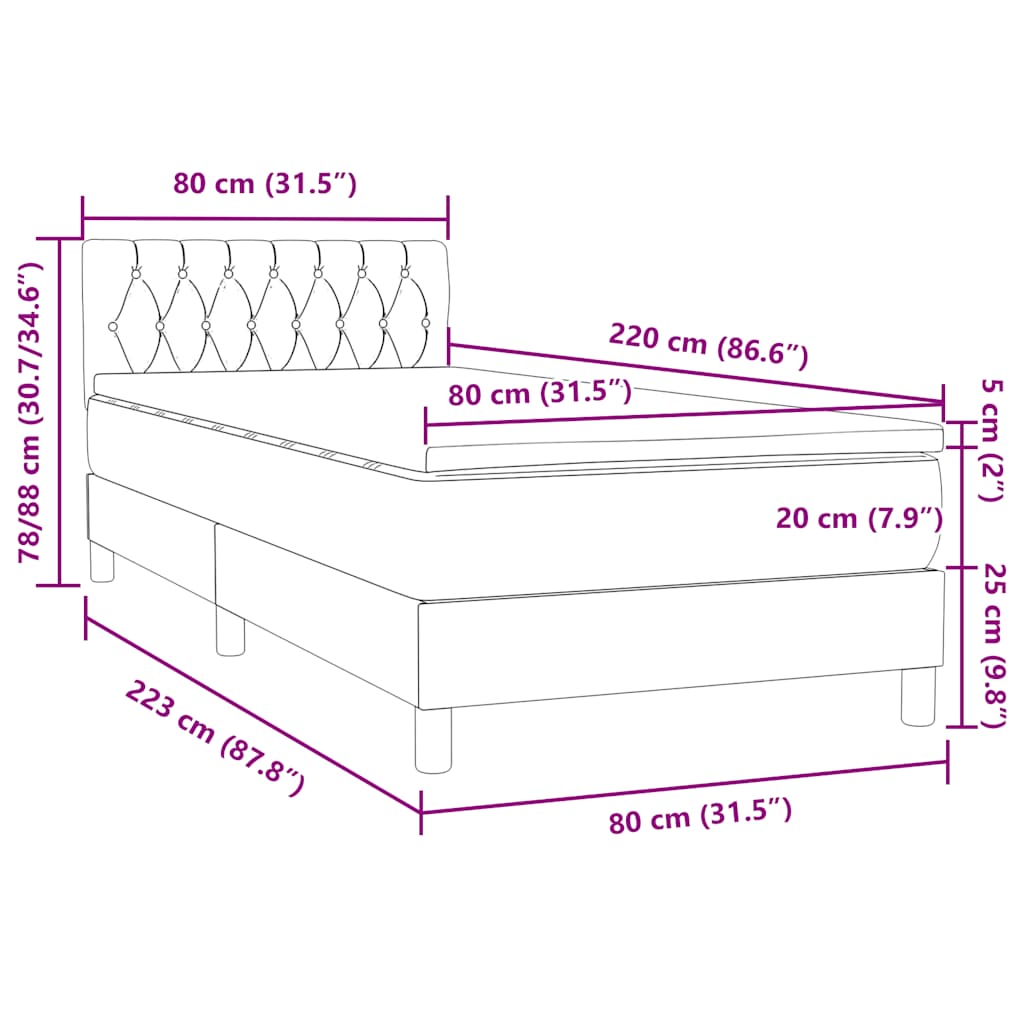 Κρεβάτι Boxspring με Στρώμα Μαύρο 80x220 εκ. Βελούδινο