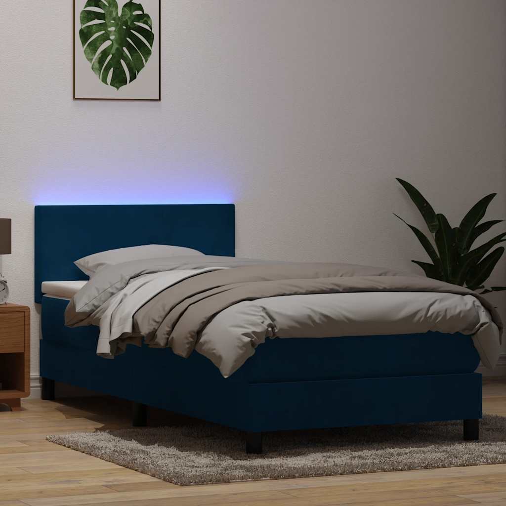 Κρεβάτι Boxspring με Στρώμα & LED σκούρο μπλε 90x210 εκ. Βελούδινο