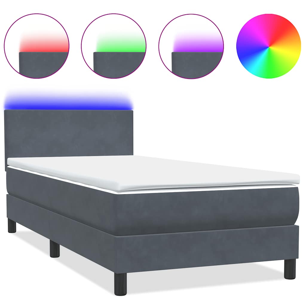 Κρεβάτι Boxspring με Στρώμα & LED Σκούρο Γκρι 100x210 εκ. Βελούδινο - Pakobazaar