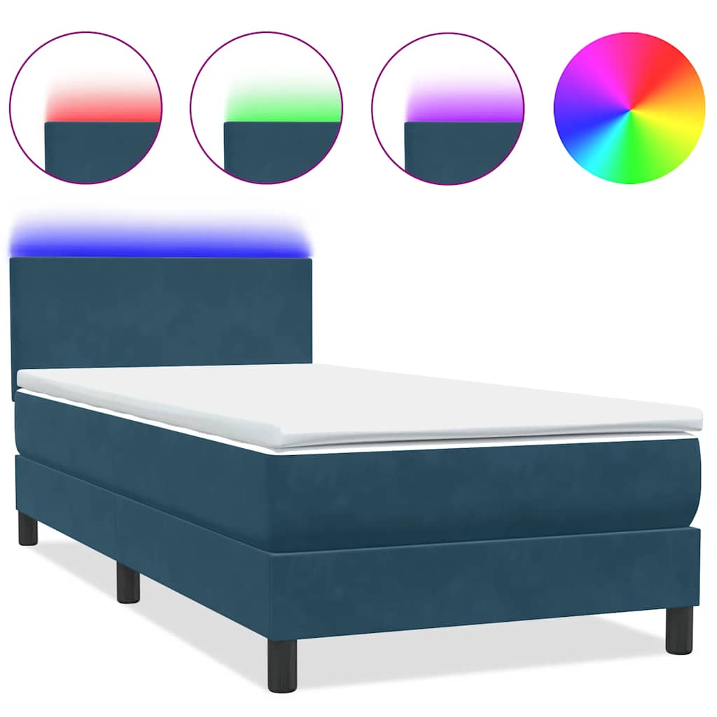 Κρεβάτι Boxspring με Στρώμα & LED Σκούρο Μπλε 100x210 εκ. Βελούδινο