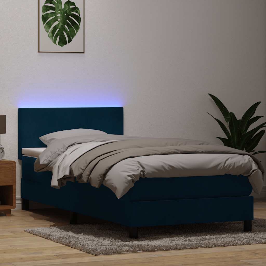 Κρεβάτι Boxspring με Στρώμα & LED Σκούρο Μπλε 100x210 εκ. Βελούδινο
