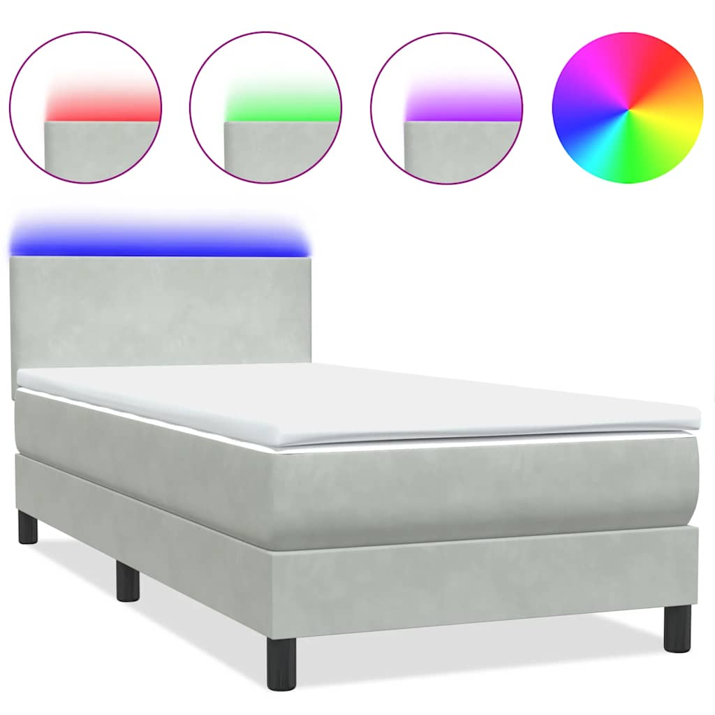 Κρεβάτι Boxspring με Στρώμα & LED ανοιχτό γκρι 80x220 cm Βελούδινο