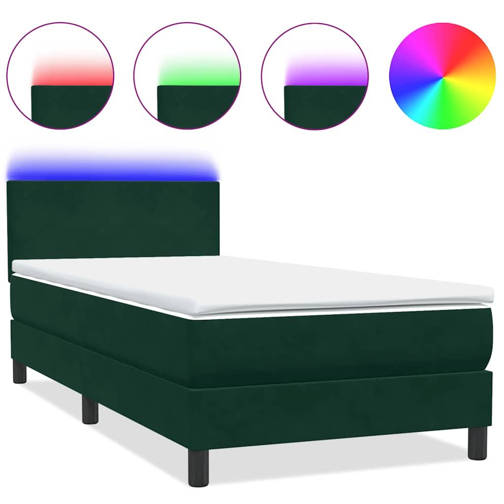Κρεβάτι Boxspring με Στρώμα & LED σκούρο πράσινο 90x220 cm Velvet - Pakobazaar