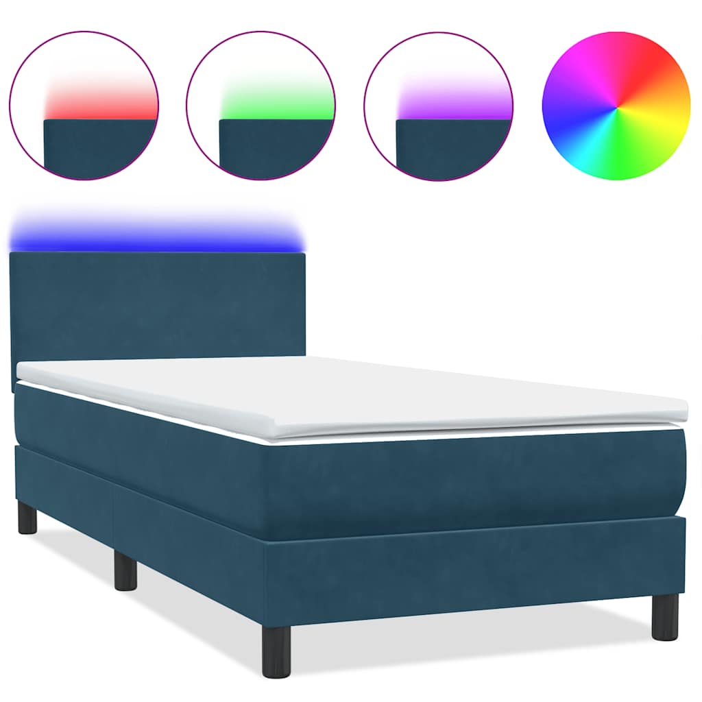 Κρεβάτι Boxspring με Στρώμα & LED Σκούρο Μπλε 90x220 εκ. Βελούδινο - Pakobazaar