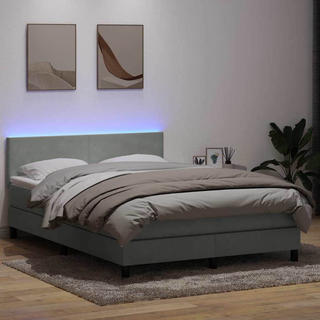 Κρεβάτι Boxspring με Στρώμα & LED Ανοιχτό Γκρι 140x220 εκ. Βελούδινο